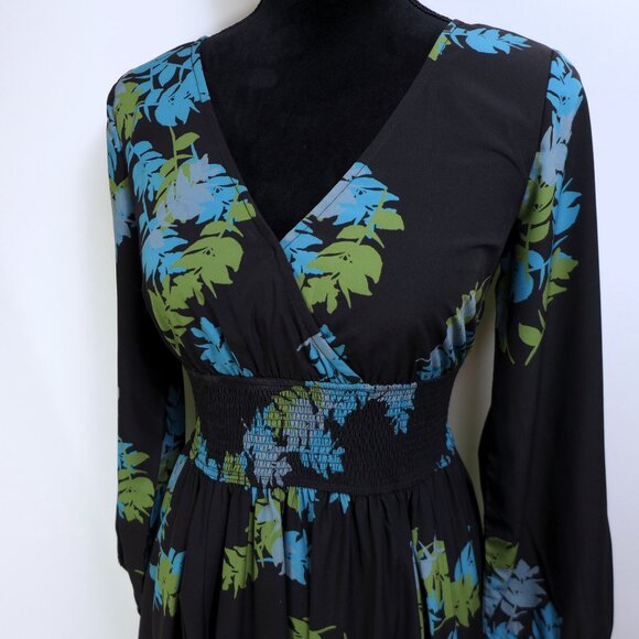 Eshakti Maxi Dress Black with blue green leaves Long sleeve Chiffon SIZE 6 TALL - Picture 4 of 5